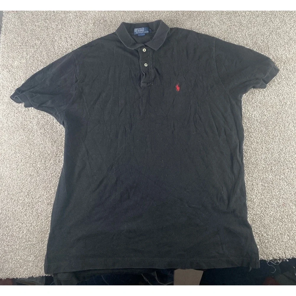 Polo Ralph Lauren Solid Black Polo Shirt Men L Red Pony Cotton Prep Relaxed Fit
